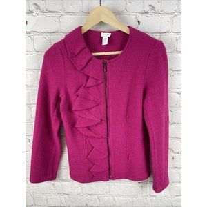 Chicos Size 0 XS Womens Magenta Full Zip Up Ruffle Front 100% Wool Jacket